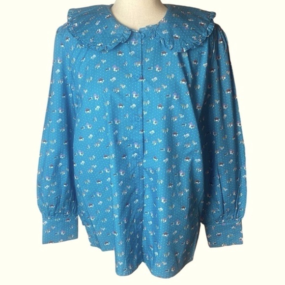NWT Maisonette Blue Polka Dot Mushroom Print Collar blouse prairie Cottagecore - Picture 9 of 10
